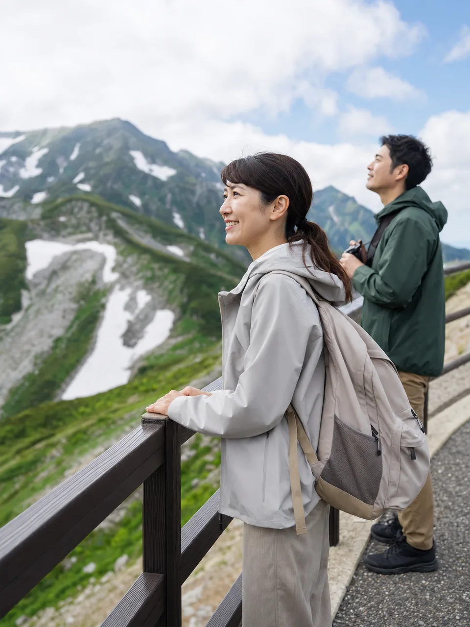 富山の山岳景観を楽しむ旅行者（自然な縦位置写真）。富山旅行、立山、山岳観光、北陸旅行の記事や案内に使える商用素材です。