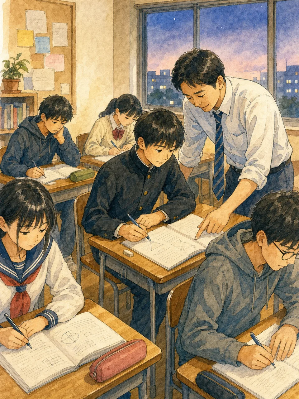 学習塾で勉強する日本の学生（手描き水彩）。塾、受験、学習支援、教育サービスに使える夜の学習場面です。