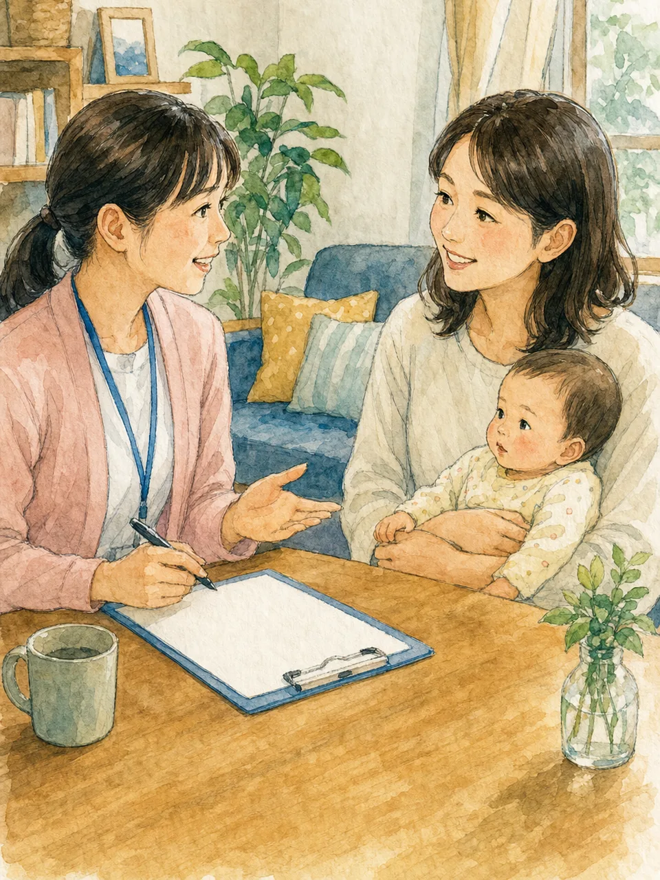 家庭訪問で相談を受ける日本人保健師（手描き水彩）。保健師、家庭訪問、健康相談、地域保健の記事向け素材です。