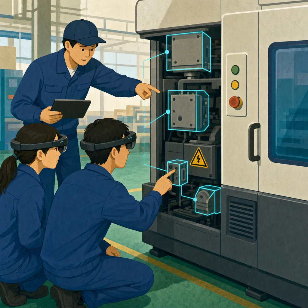 ARで保守訓練をする日本人技術者（編集記事向け）。AR研修、拡張現実、保守訓練、設備保全の記事や案内に使える商用素材です。