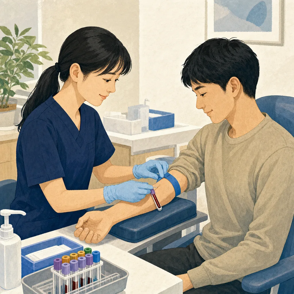 採血を受ける日本人患者（編集記事向け）。採血、血液検査、健康診断、看護の記事向け素材です。