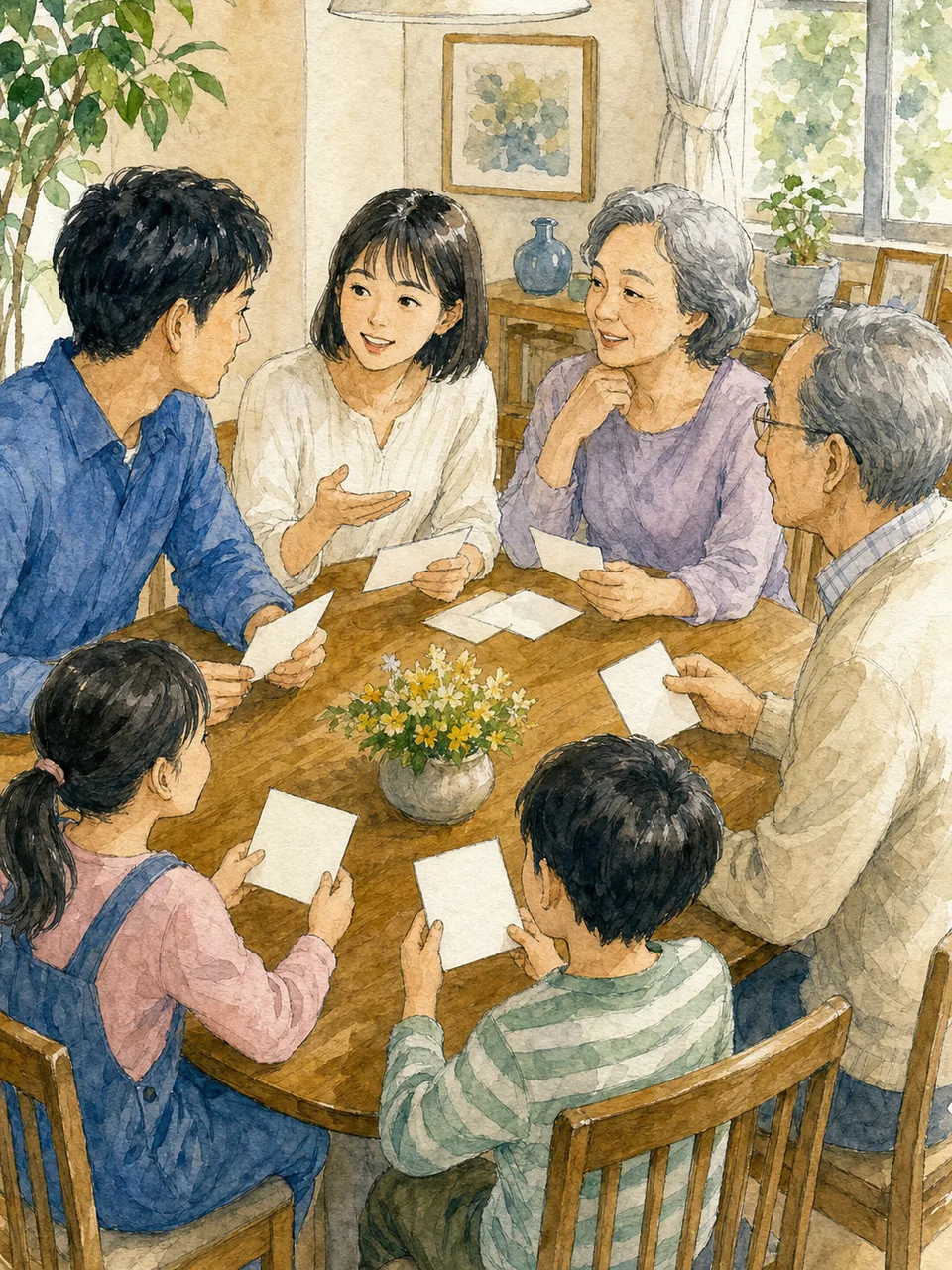 大切なことを話し合う日本人家族（手描き水彩）。家族会議、話し合い、意思決定、家庭の記事向け素材です。
