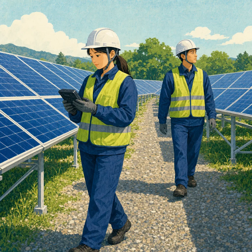 太陽光発電所を点検する日本人技術者（編集記事向け）。太陽光発電所、再生可能エネルギー、設備点検の記事向け素材です。