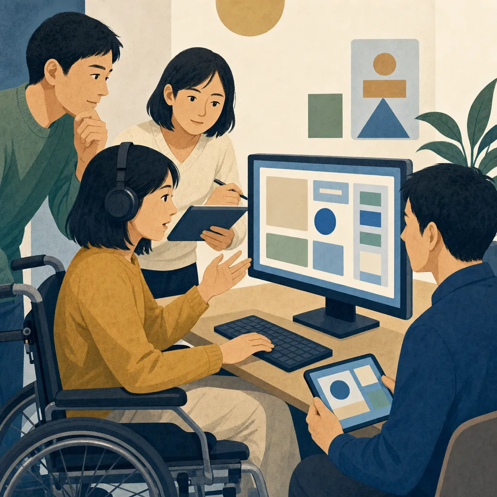 アクセシビリティを検証する日本人開発チーム（編集記事向け）。アクセシビリティテスト、Webアクセシビリティ、ユーザーテスト、障害者の記事や案内に使える商用素材です。