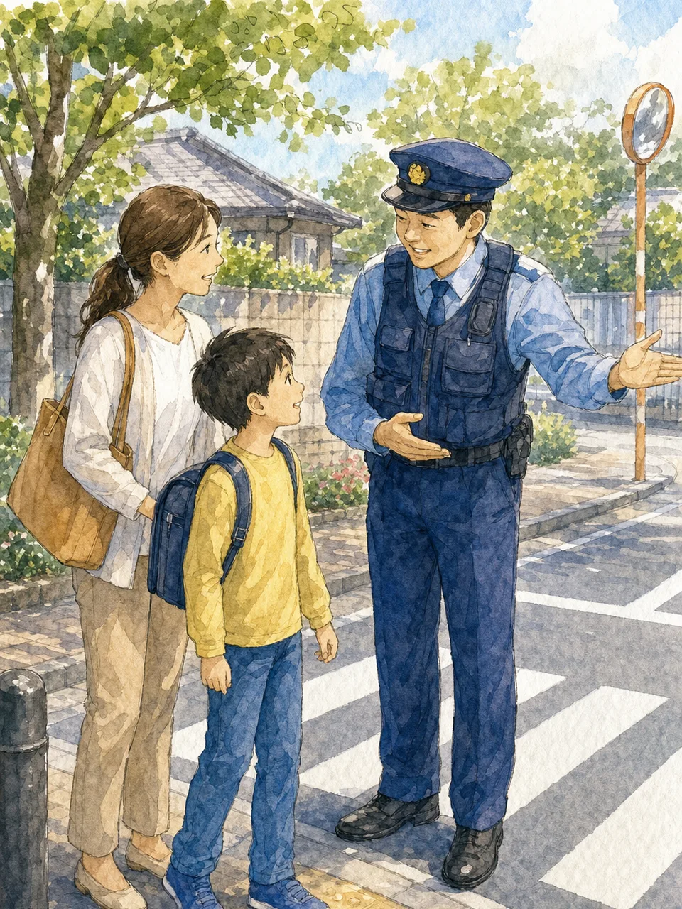 交通安全を案内する日本人警察官（手描き水彩）。警察官、交通安全、防犯、地域活動の記事向け素材です。