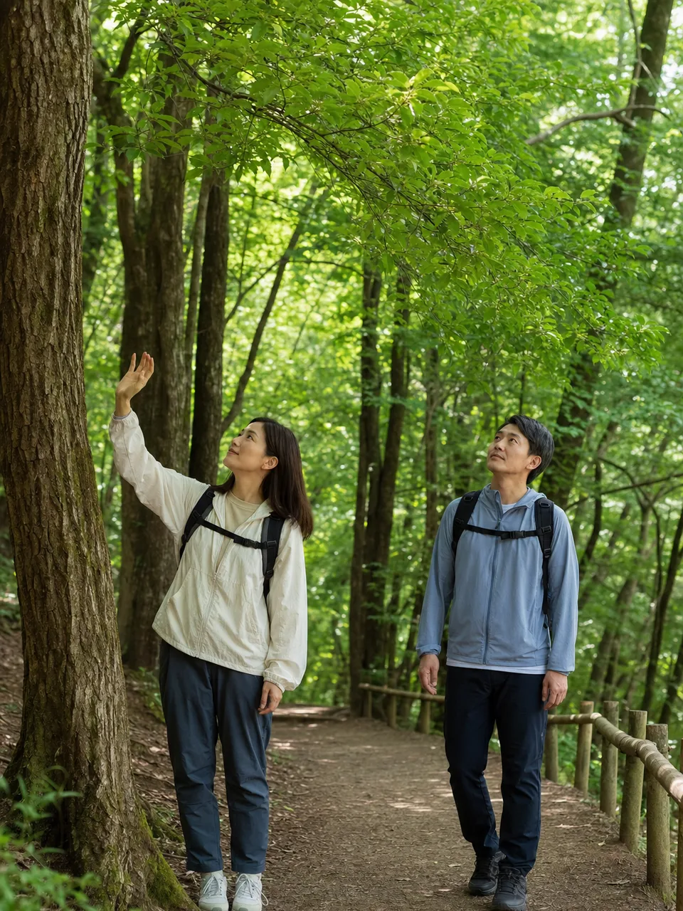森林浴を楽しむ日本人（自然な縦位置写真）。森林浴、自然、健康、ハイキングの記事に使える素材です。