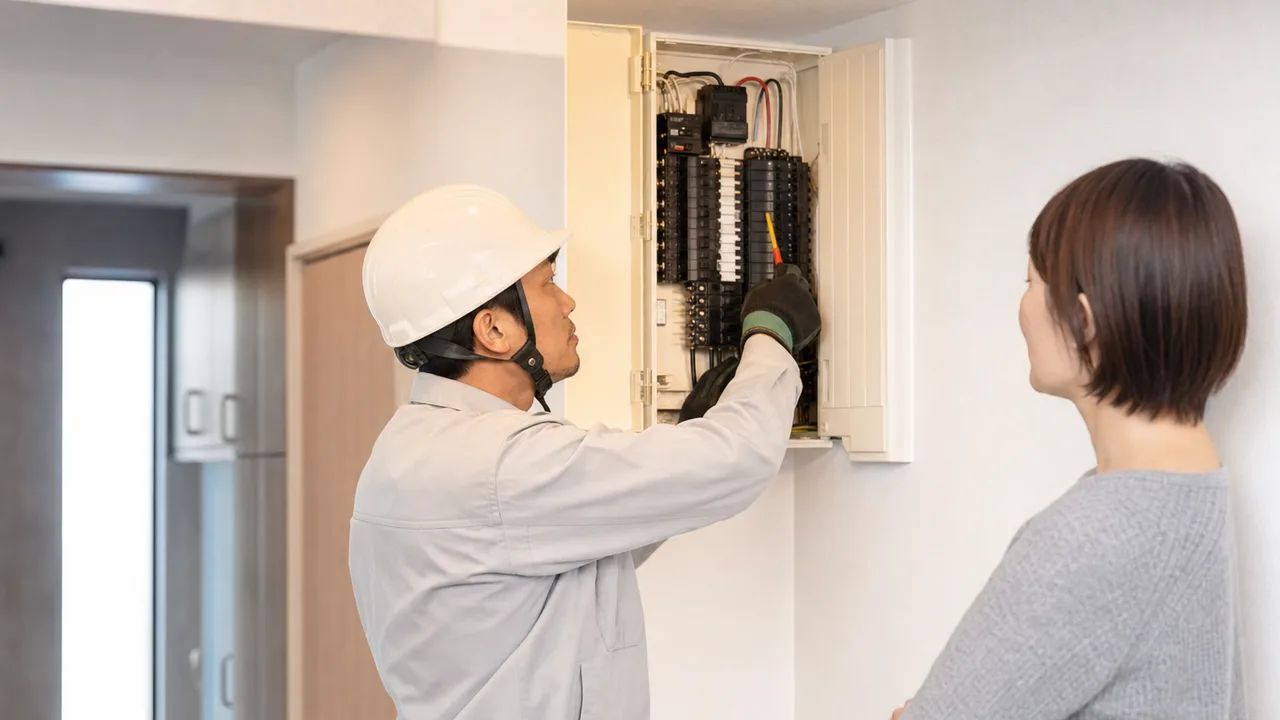 住宅設備を点検する日本人電気工事士（横長・コピースペース）。電気工事士、住宅設備、保守点検、安全の記事向け素材です。