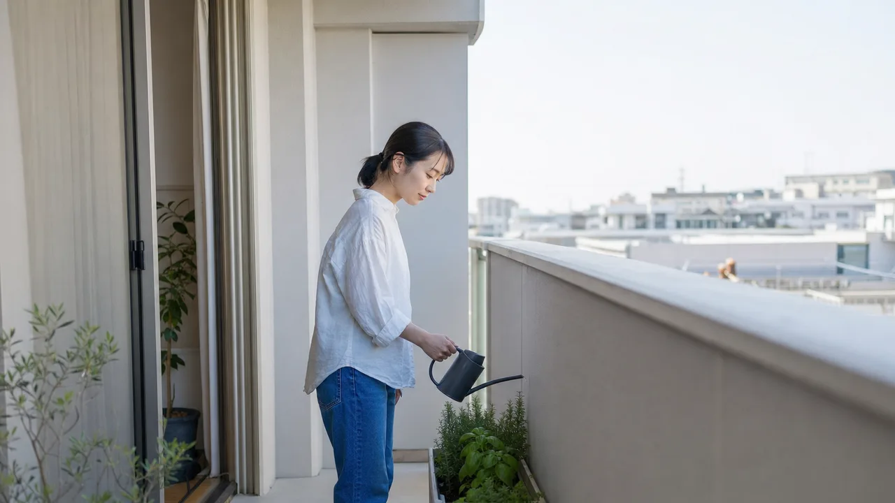 ベランダガーデニングを楽しむ日本人（横長・コピースペース）。ベランダガーデニング、鉢植え、家庭菜園、住まいの記事向け素材です。