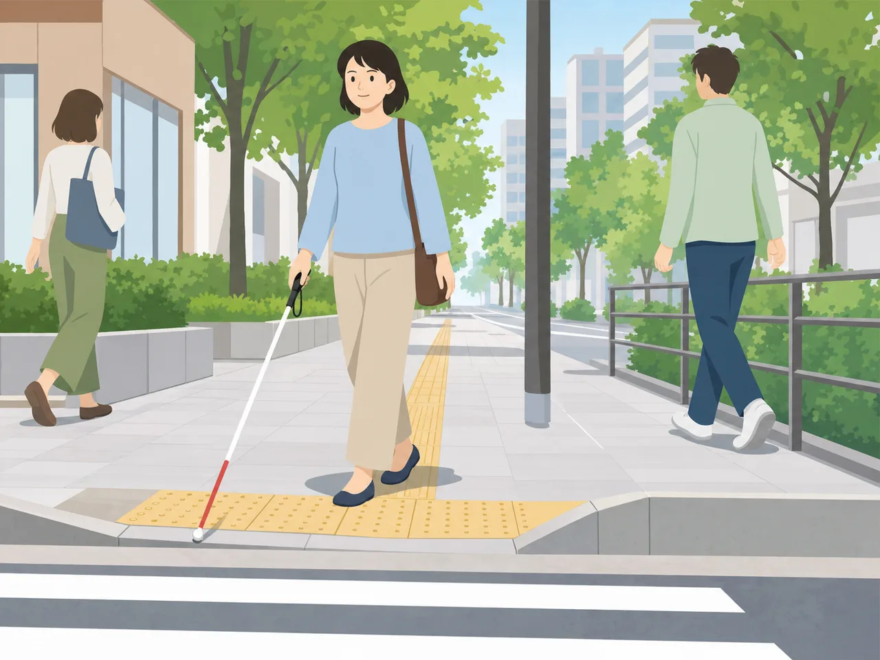 白杖で移動する日本人（フラットイラスト）。白杖、視覚障害、歩行、アクセシビリティの記事向け素材です。
