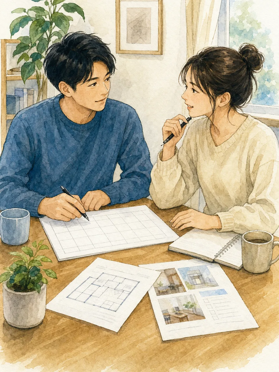 将来を話し合う日本人の若者カップル（手描き水彩）。若者カップル、将来設計、同棲、パートナーシップの記事向け素材です。