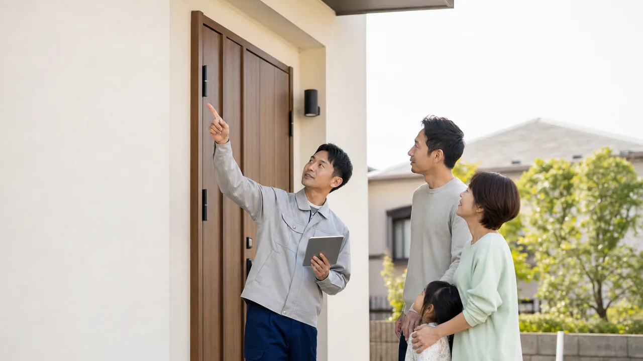 住宅防犯を確認する日本人家族（横長・コピースペース）。住宅防犯、防犯カメラ、戸締まり、住まいの安全の記事向け素材です。