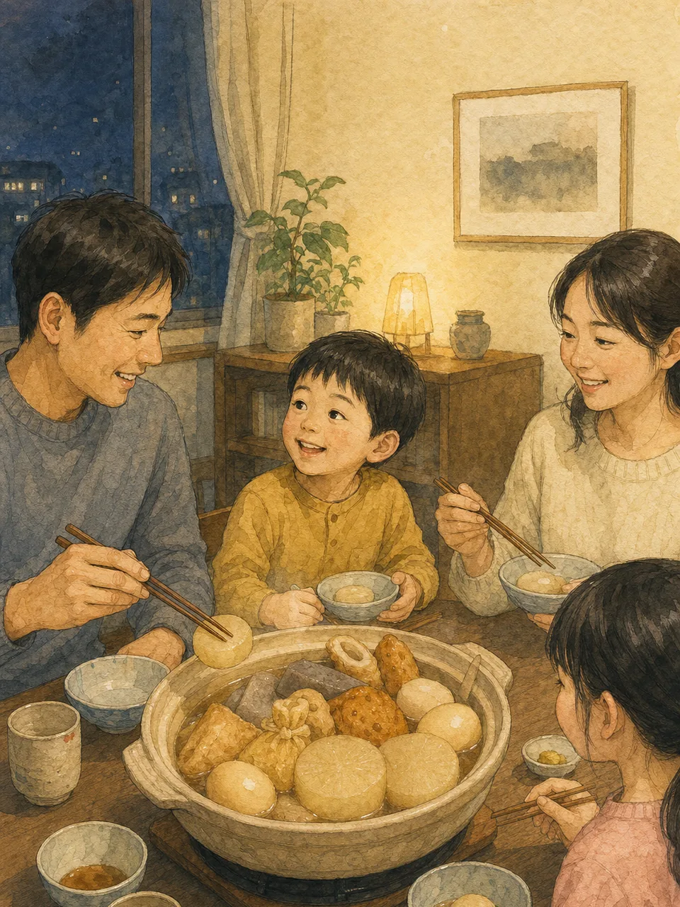 おでんを囲む日本人家族（手描き水彩）。おでん、冬の食卓、鍋料理、家族の記事向け素材です。