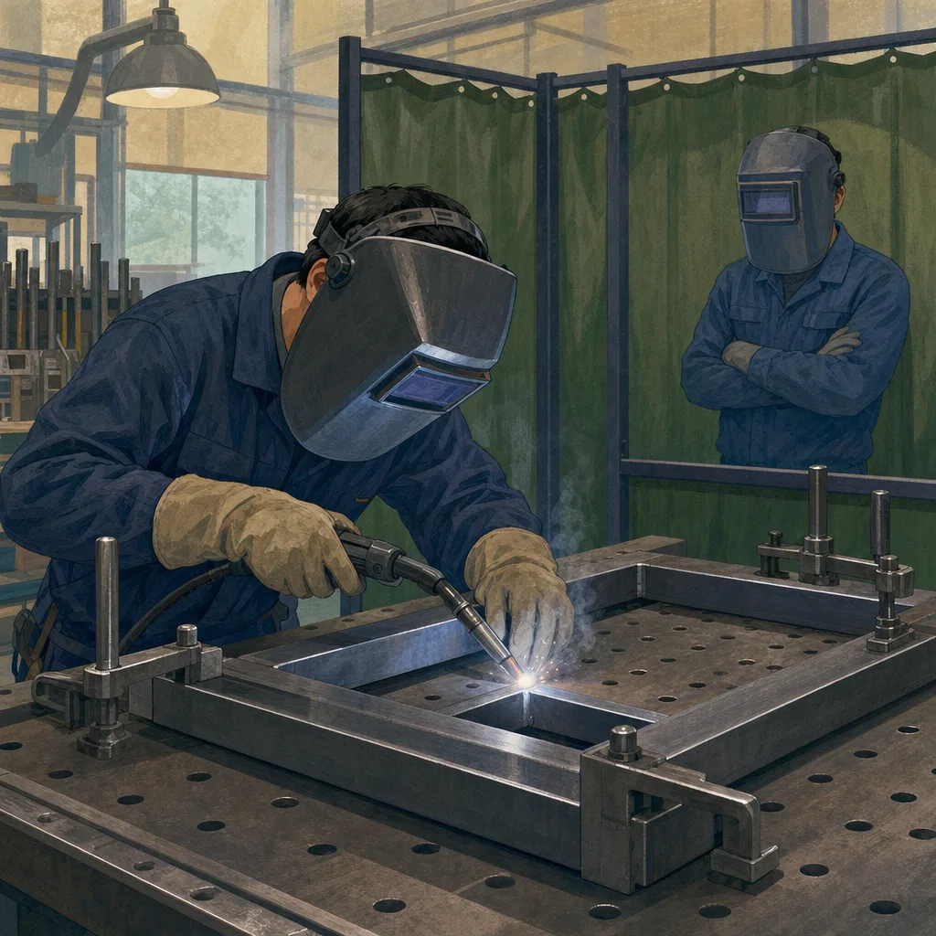 金属を加工する日本人溶接工（編集記事向け）。溶接工、金属加工、製造業、安全管理の記事向け素材です。