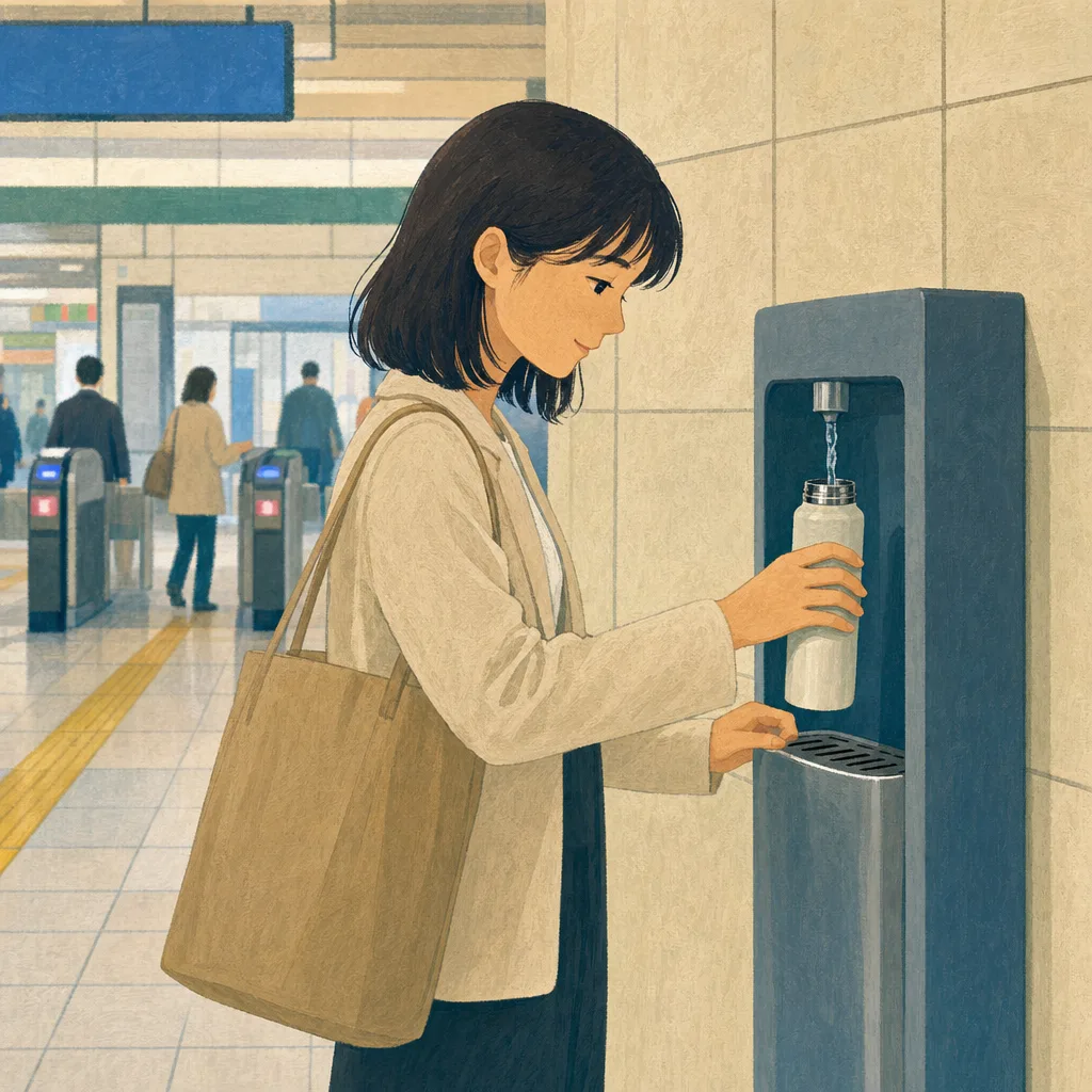 マイボトルを持ち歩く日本人（編集記事向け）。マイボトル、水分補給、環境配慮、日常の記事向け素材です。