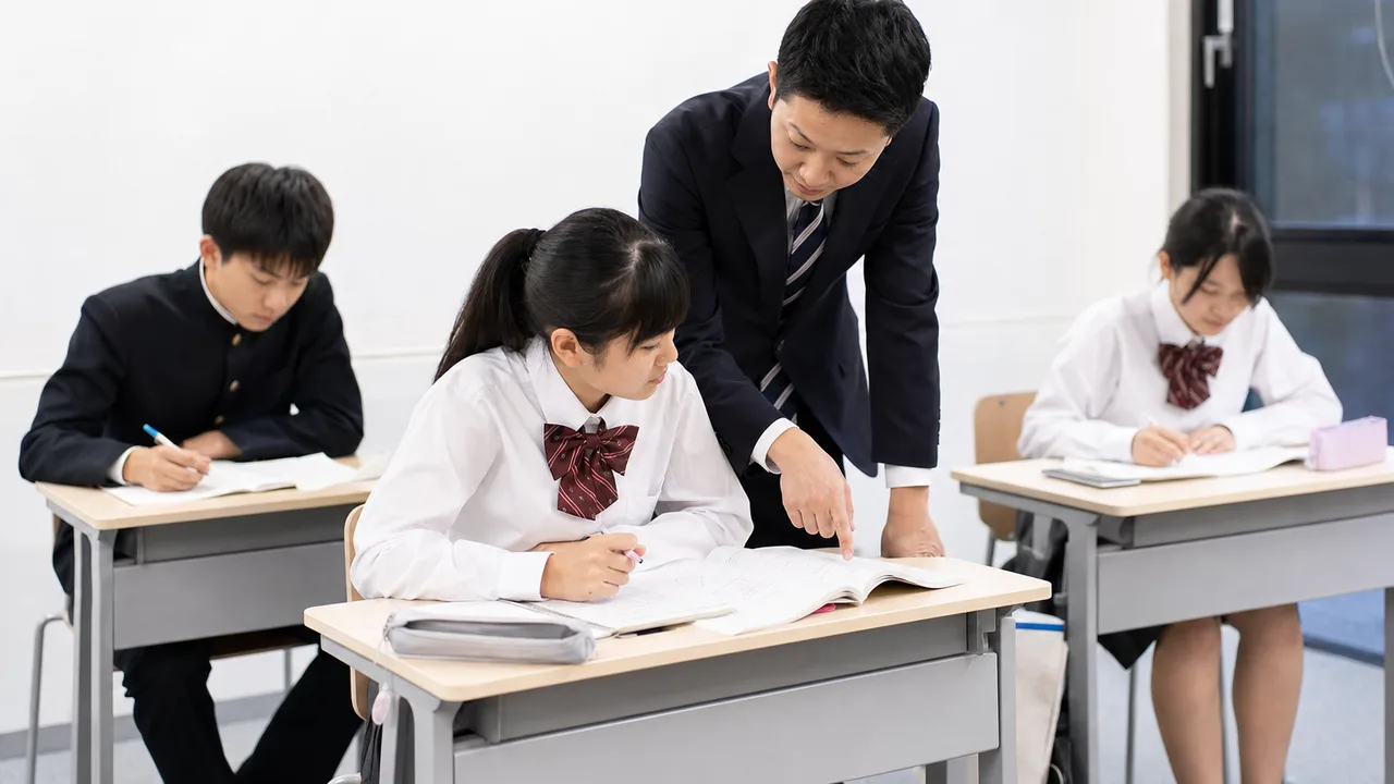 学習塾で勉強する日本の学生（横長・コピースペース）。塾、受験、学習支援、教育サービスに使える夜の学習場面です。