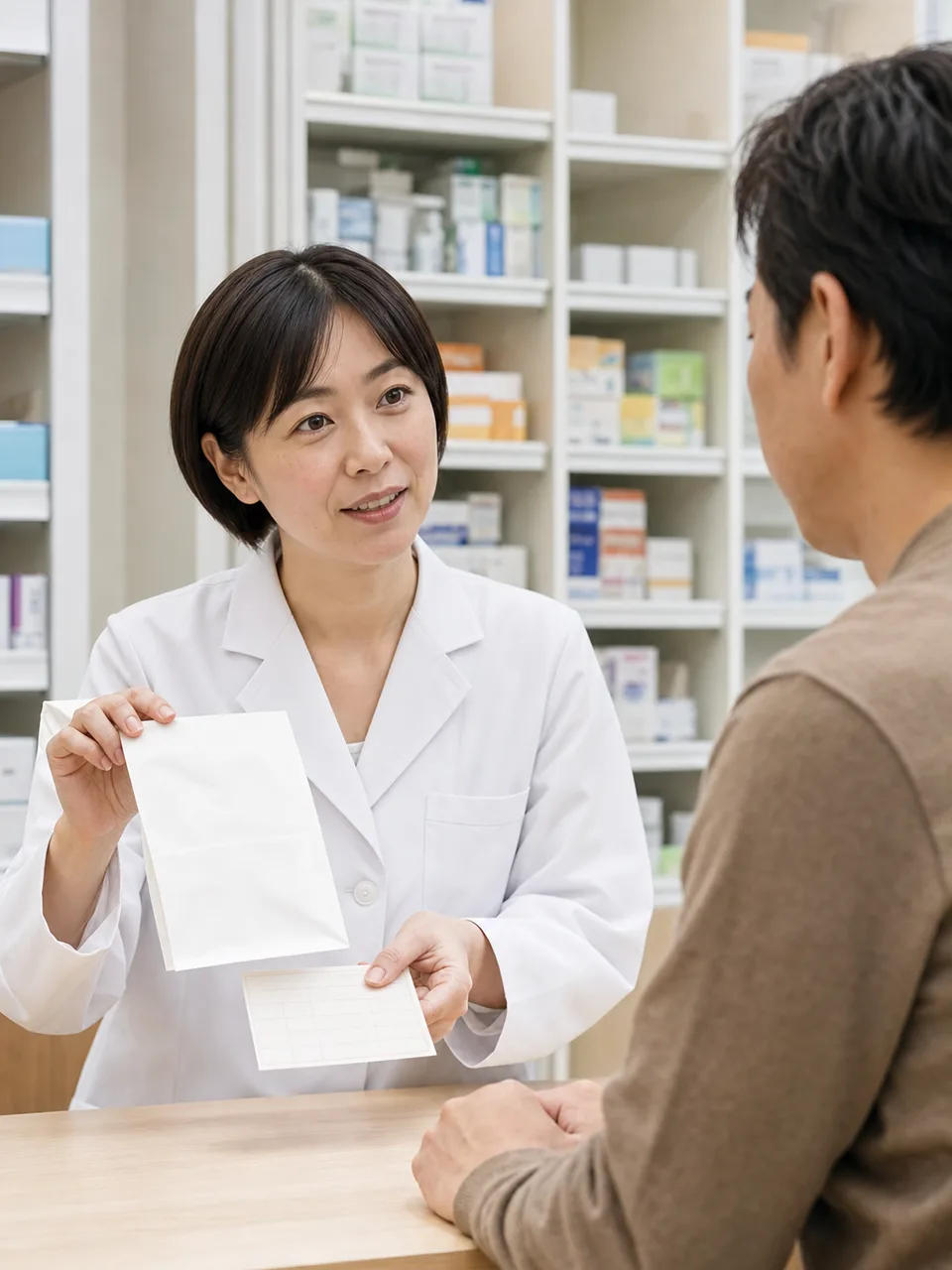 調剤薬局で説明する日本人薬剤師（自然な縦位置写真）。調剤薬局、薬剤師、服薬説明、地域医療の記事向け素材です。