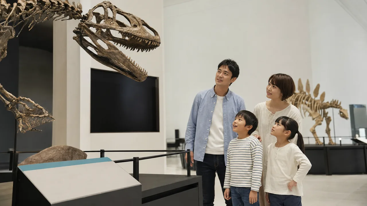 福井で恐竜を学ぶ家族旅行（横長・コピースペース）。福井旅行、恐竜博物館、家族旅行、北陸旅行の記事や案内に使える商用素材です。