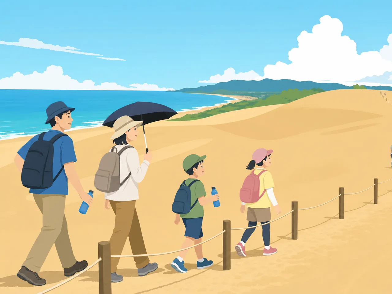 鳥取の砂丘を歩く旅行者（フラットイラスト）。鳥取旅行、鳥取砂丘、山陰旅行、砂丘の記事や案内に使える商用素材です。