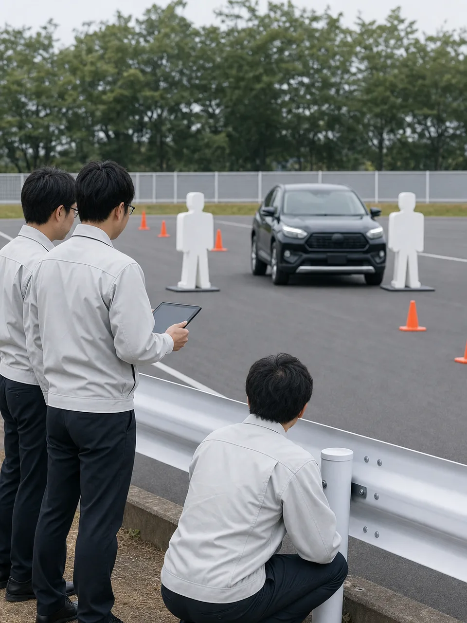 自動運転を検証する日本人技術者（自然な縦位置写真）。自動運転、車両開発、安全検証、モビリティの記事向け素材です。