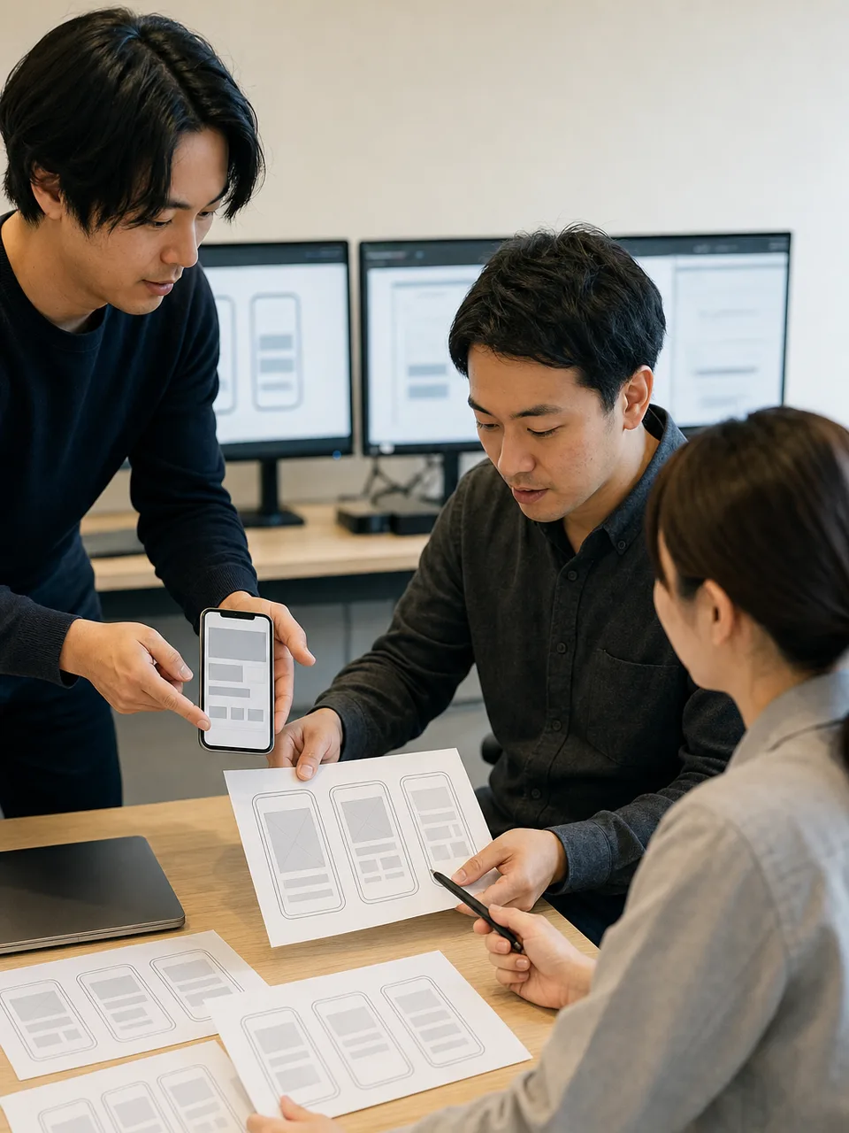 アプリ開発をする日本人チーム（自然な縦位置写真）。アプリ開発、ソフトウェア開発、エンジニア、チームの記事向け素材です。