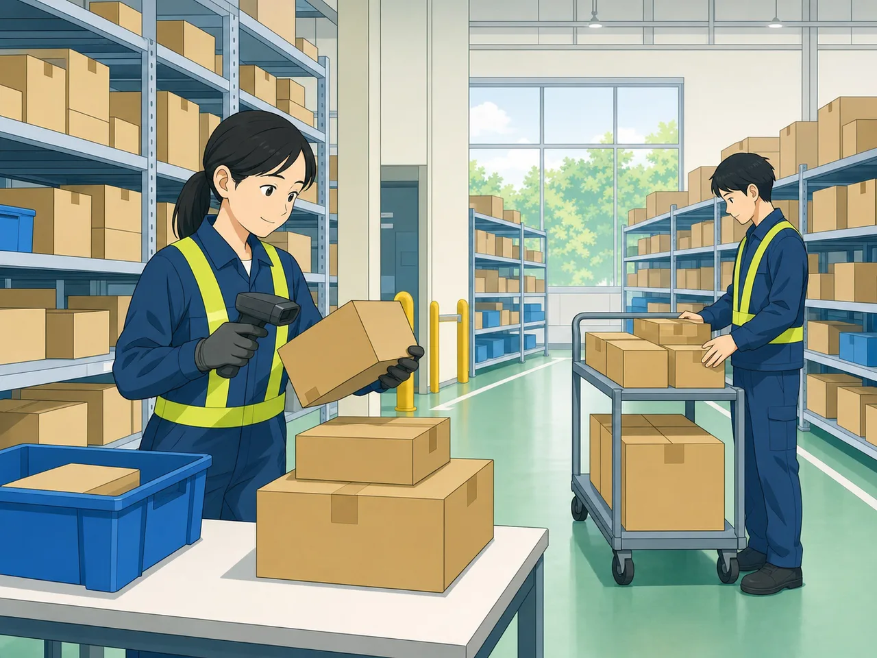 倉庫で商品を仕分ける日本人作業員（フラットイラスト）。倉庫作業、物流、ピッキング、在庫管理の記事向け素材です。