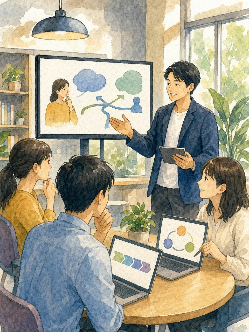 eラーニングを受講する日本人会社員（手描き水彩）。eラーニング、オンライン研修、社員教育、学習管理の記事向け素材です。