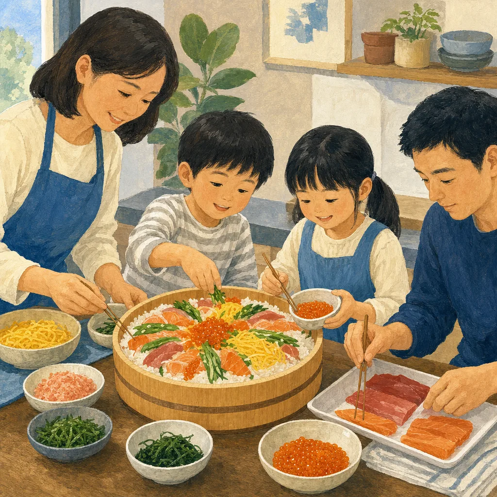 ちらし寿司を作る日本人家族（編集記事向け）。ちらし寿司、祝いの食卓、親子料理、和食の記事向け素材です。