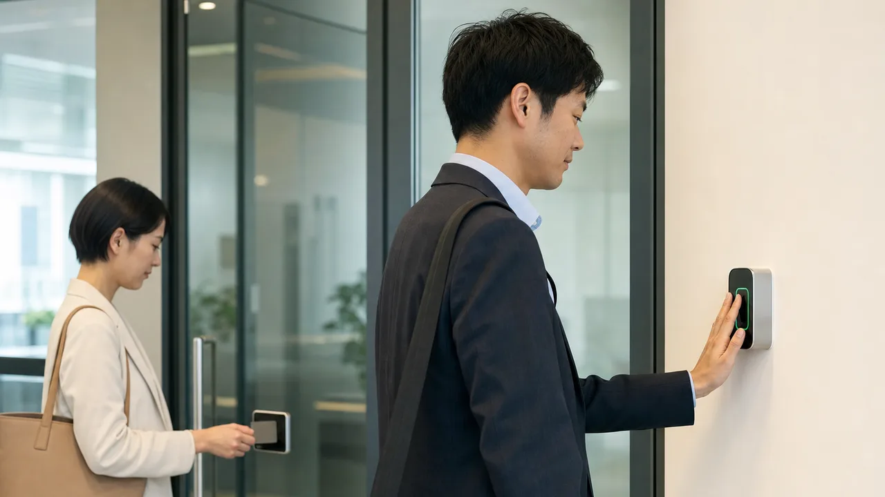 生体認証で入室する日本人会社員（横長・コピースペース）。生体認証、顔認証、オフィスセキュリティ、本人確認の記事向け素材です。