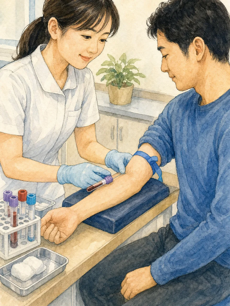 採血を受ける日本人患者（手描き水彩）。採血、血液検査、健康診断、看護の記事向け素材です。
