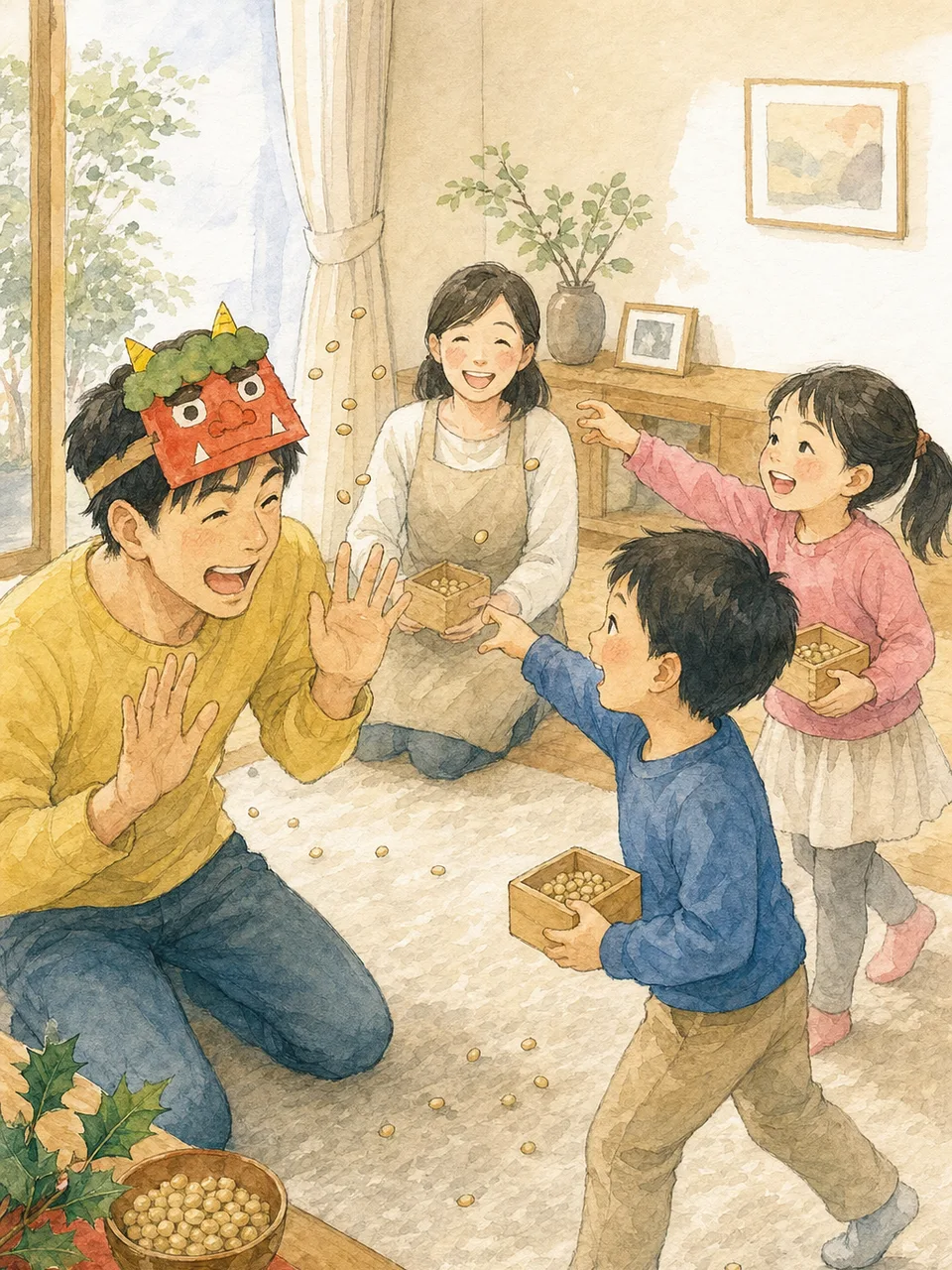 節分を楽しむ日本人家族（手描き水彩）。節分、豆まき、家族、日本の年中行事の記事向け素材です。