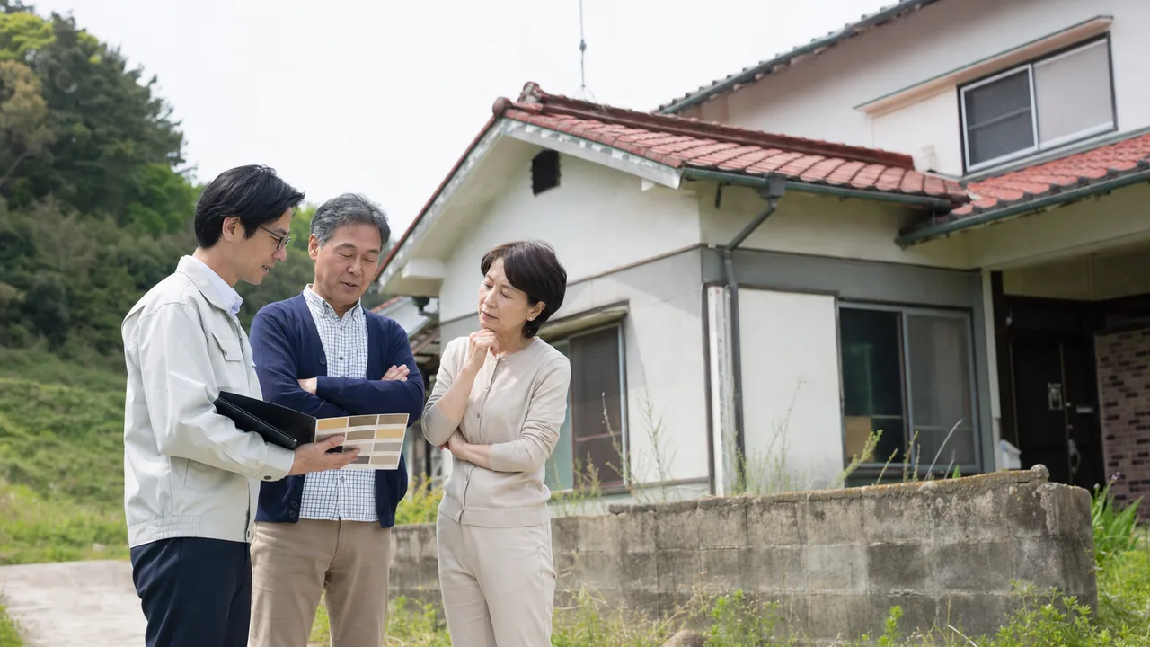 空き家の活用を相談する日本人（横長・コピースペース）。空き家、住宅活用、地域課題、相続の記事向け素材です。