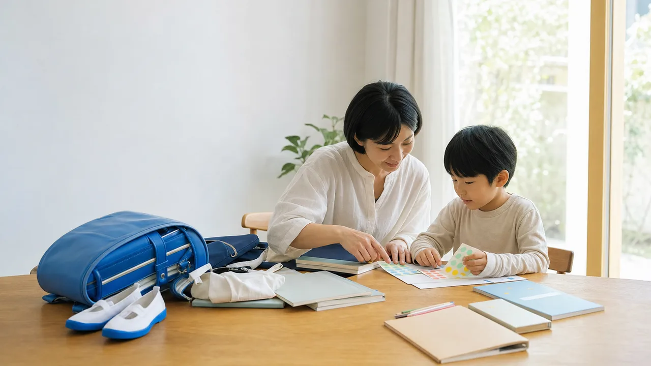 入学準備をする日本人親子（横長・コピースペース）。入学準備、新生活、小学生、親子の記事向け素材です。