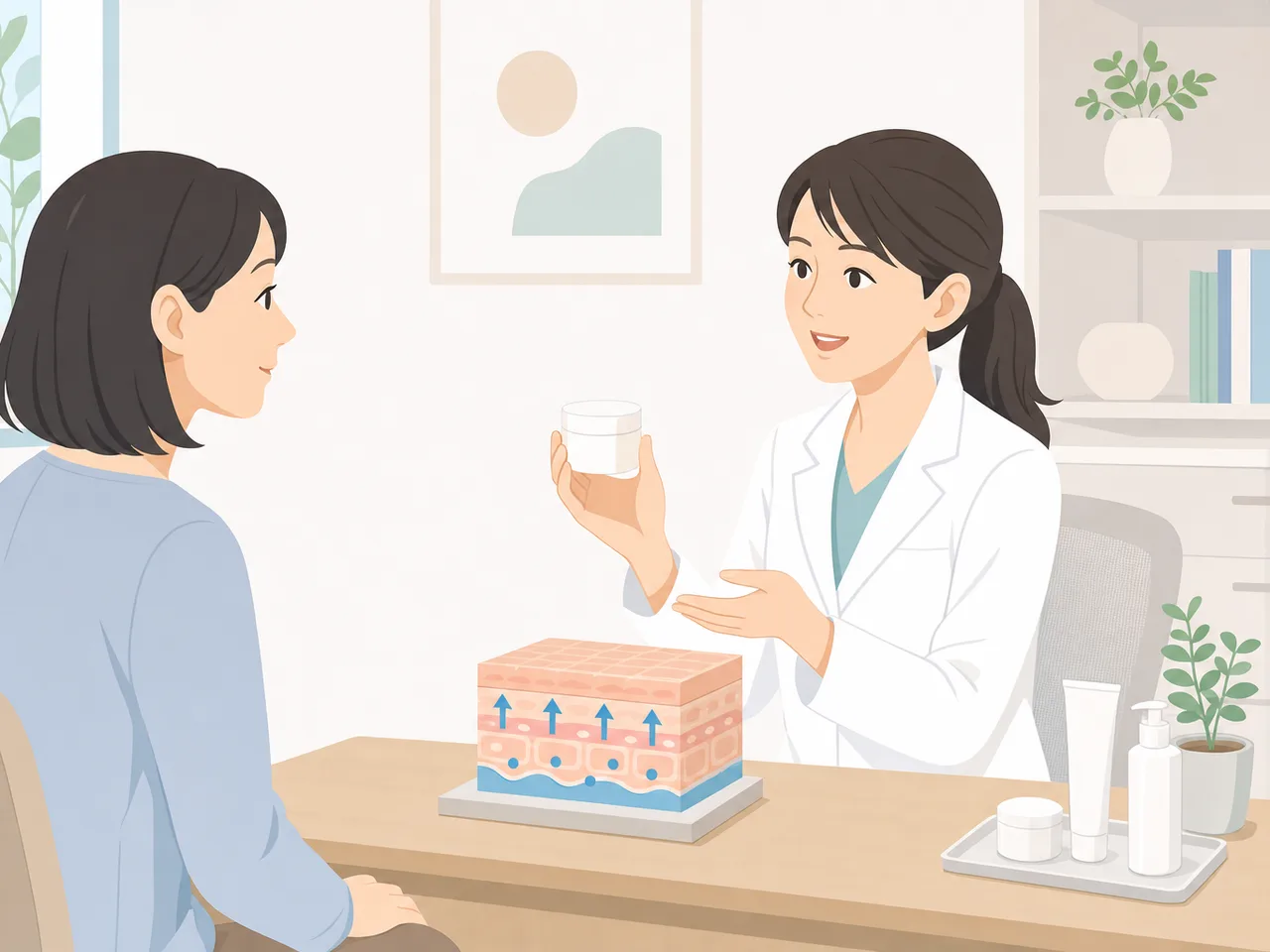 皮膚の健康を相談する日本人（フラットイラスト）。皮膚科相談、スキンケア、皮膚の健康、乾燥肌の記事や案内に使える商用素材です。