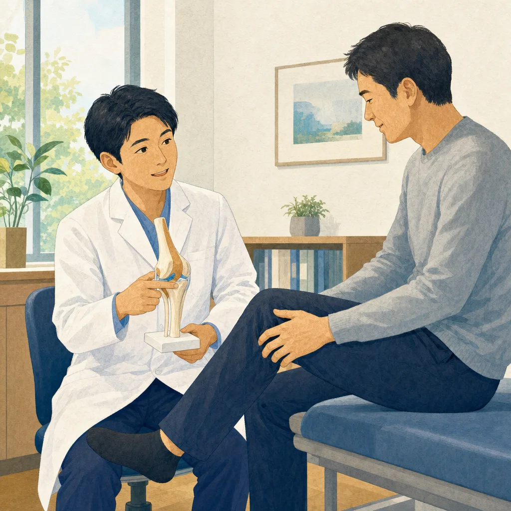整形外科で相談する日本人患者（編集記事向け）。整形外科、関節、運動器、リハビリ相談の記事向け素材です。