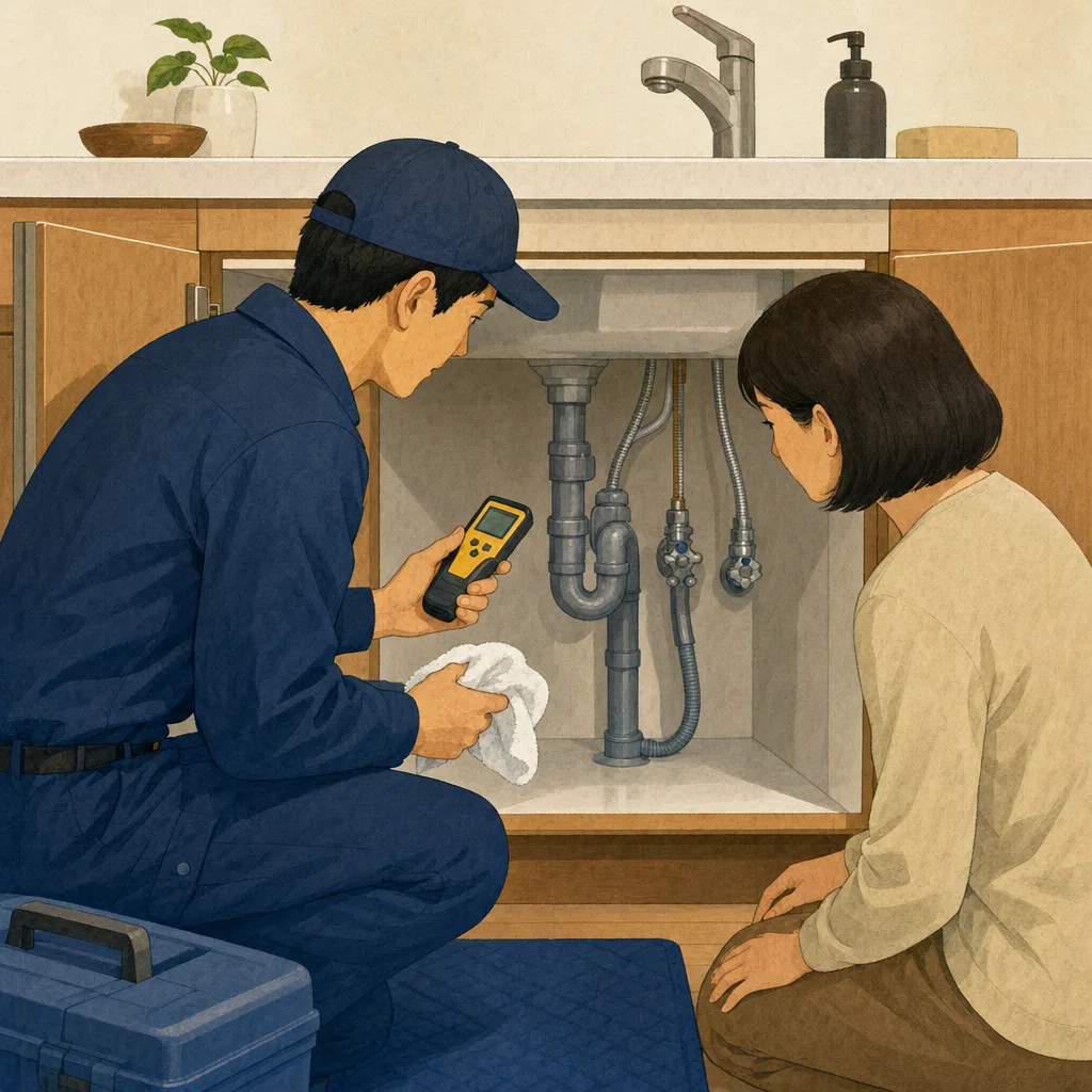 住宅の水漏れを確認する日本人配管技術者（編集記事向け）。水漏れ点検、配管、住宅修理、漏水の記事や案内に使える商用素材です。