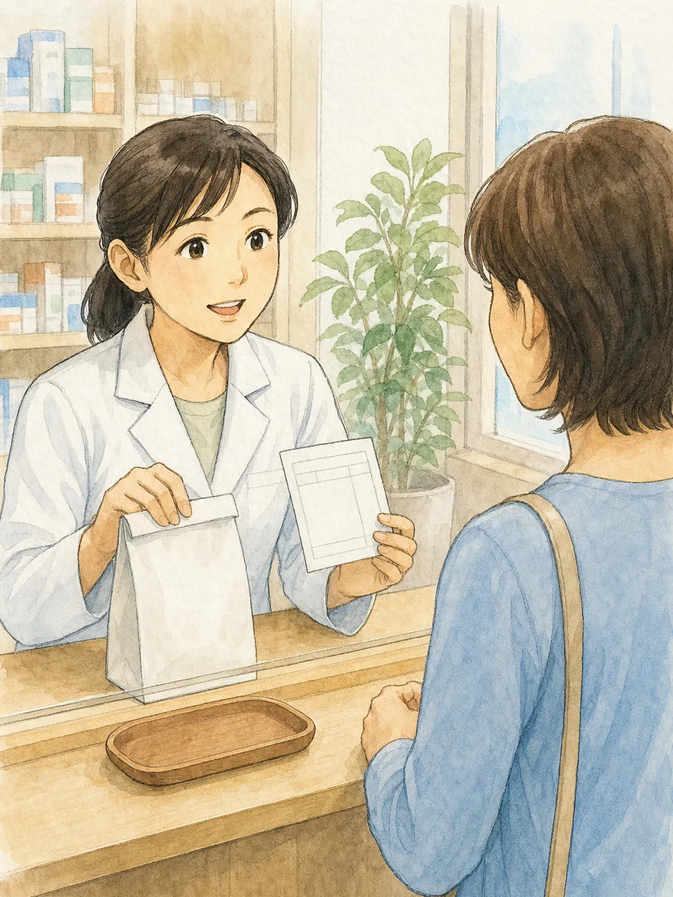 調剤薬局で説明する日本人薬剤師（手描き水彩）。調剤薬局、薬剤師、服薬説明、地域医療の記事向け素材です。