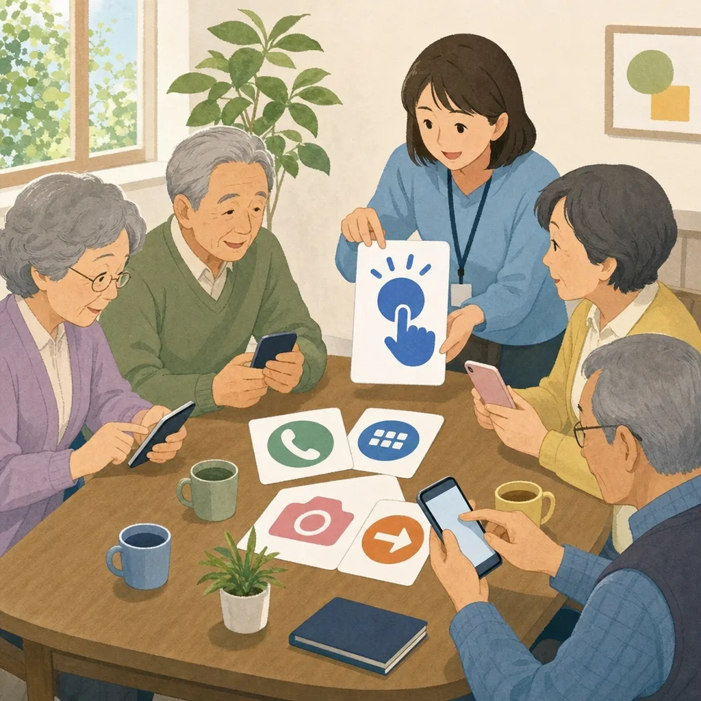 スマートフォンを学ぶ日本人シニア（編集記事向け）。スマホ教室、シニア、デジタル活用、スマートフォンの記事や案内に使える商用素材です。