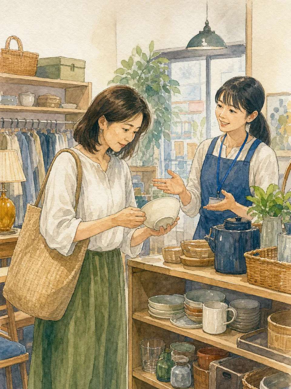 リユースショップを利用する日本人（手描き水彩）。リユースショップ、中古品、買い物、循環型社会の記事向け素材です。