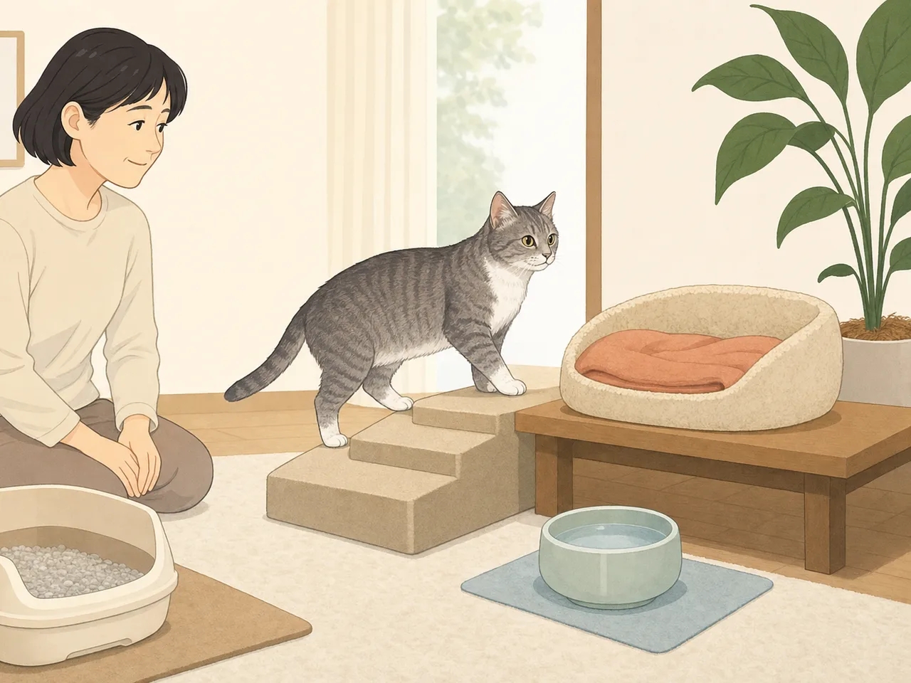 老猫をやさしく見守る日本人（フラットイラスト）。老猫介護、シニア猫、ペットケア、暮らしの記事向け素材です。