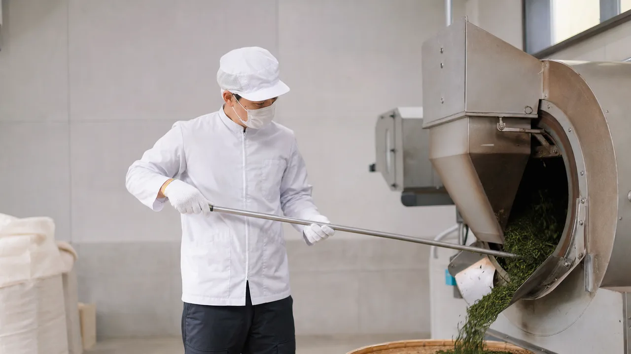 茶葉を焙煎する日本人職人（横長・コピースペース）。茶葉焙煎、日本茶、製茶、緑茶の記事や案内に使える商用素材です。