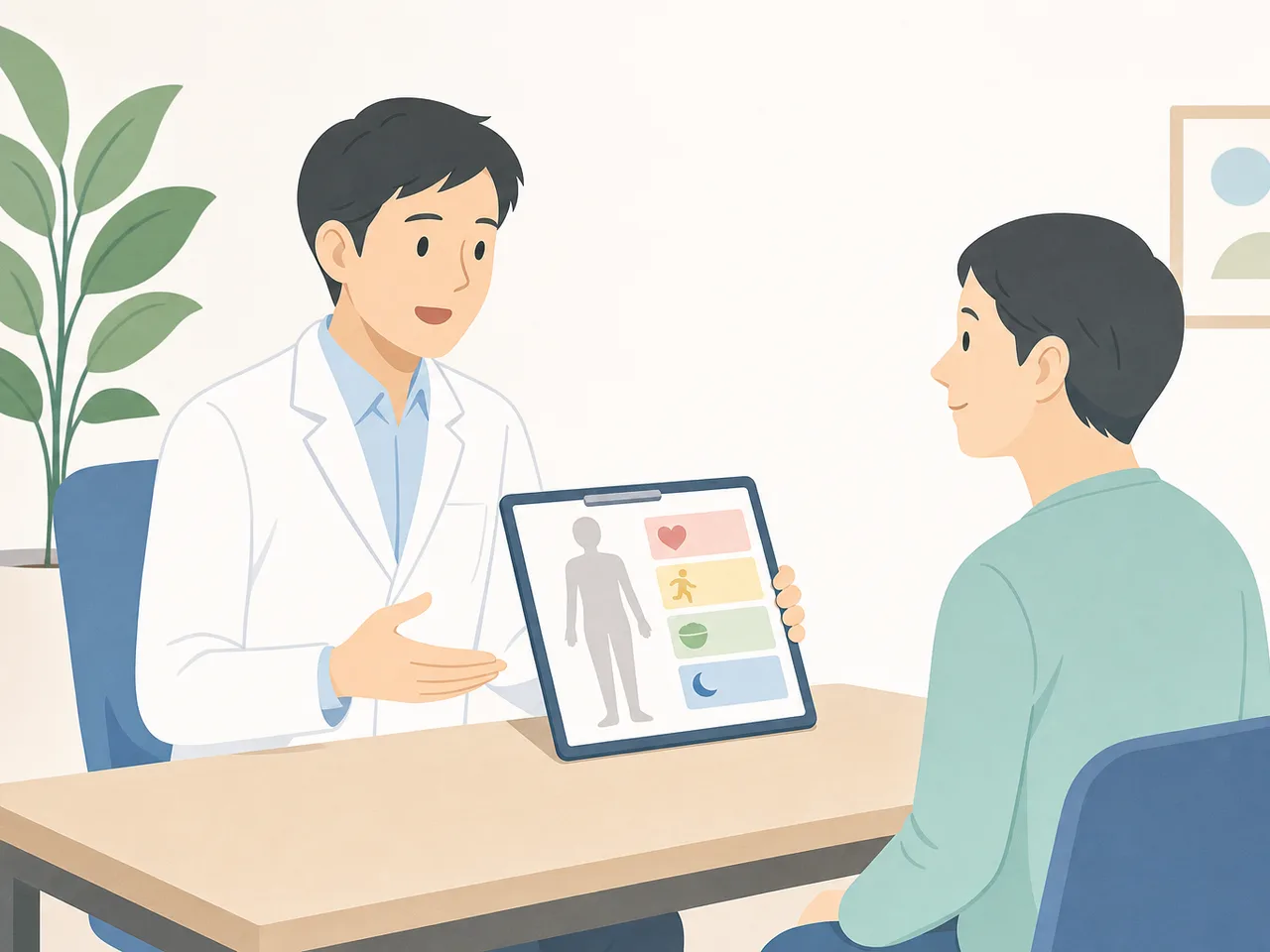 健康診断結果を説明する日本人医療者（フラットイラスト）。健診結果説明、健康診断の結果、健康診断、予防医療の記事や案内に使える商用素材です。