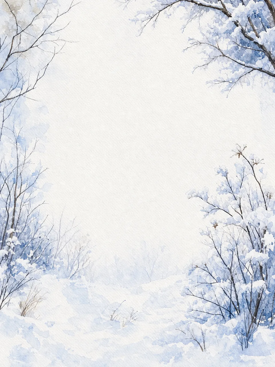 静かな雪背景（水彩フレーム）。雪背景、冬、白、季節デザイン向け素材です。