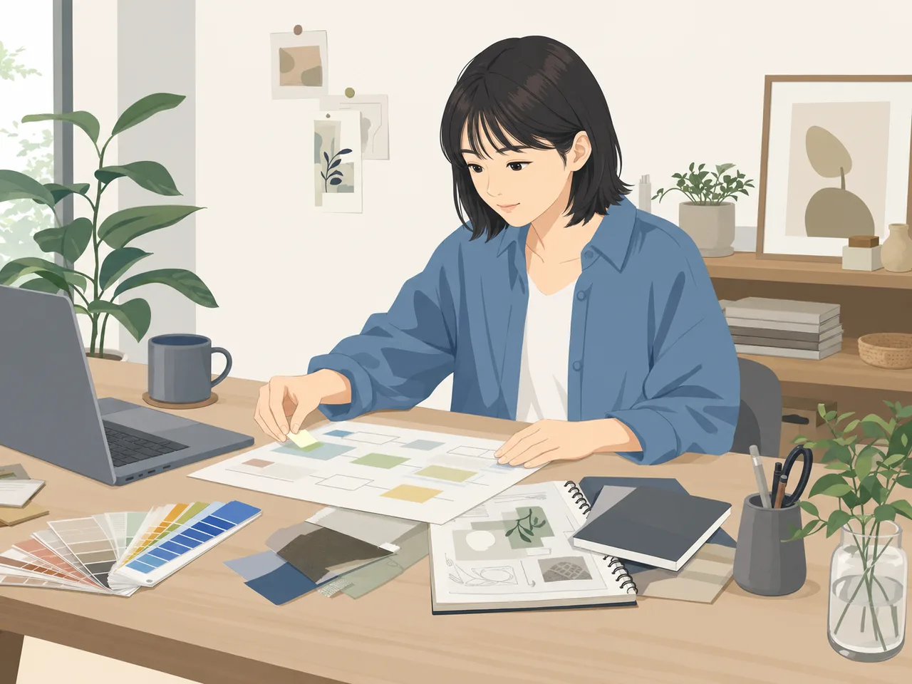 自宅で働く日本人フリーランス（フラットイラスト）。フリーランス、副業、在宅ワーク、個人事業の記事向け素材です。