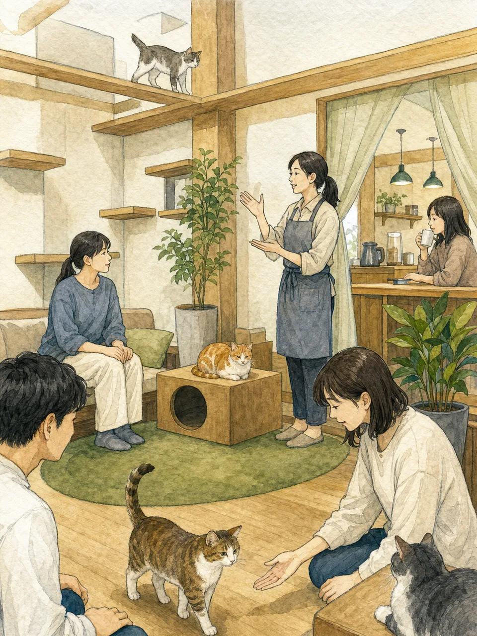 猫カフェで過ごす日本人（手描き水彩）。猫カフェ、猫、動物福祉、くつろぎの記事向け素材です。