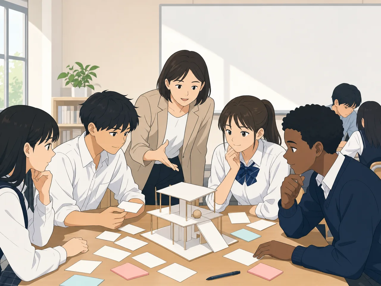 探究授業を支える日本人高校教師（フラットイラスト）。高校教師、探究学習、高校生、進路教育の記事向け素材です。