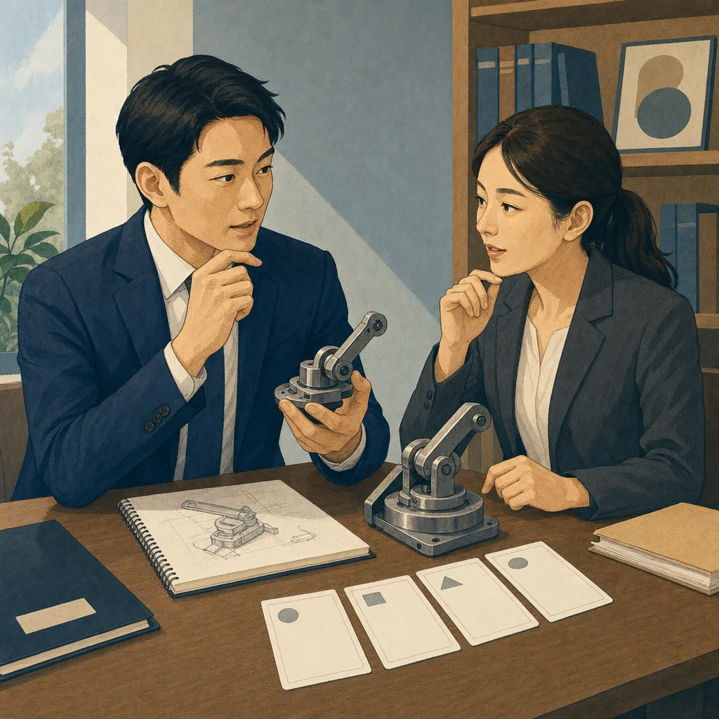 発明を相談する日本人と弁理士（編集記事向け）。特許相談、弁理士、発明、知的財産の記事や案内に使える商用素材です。