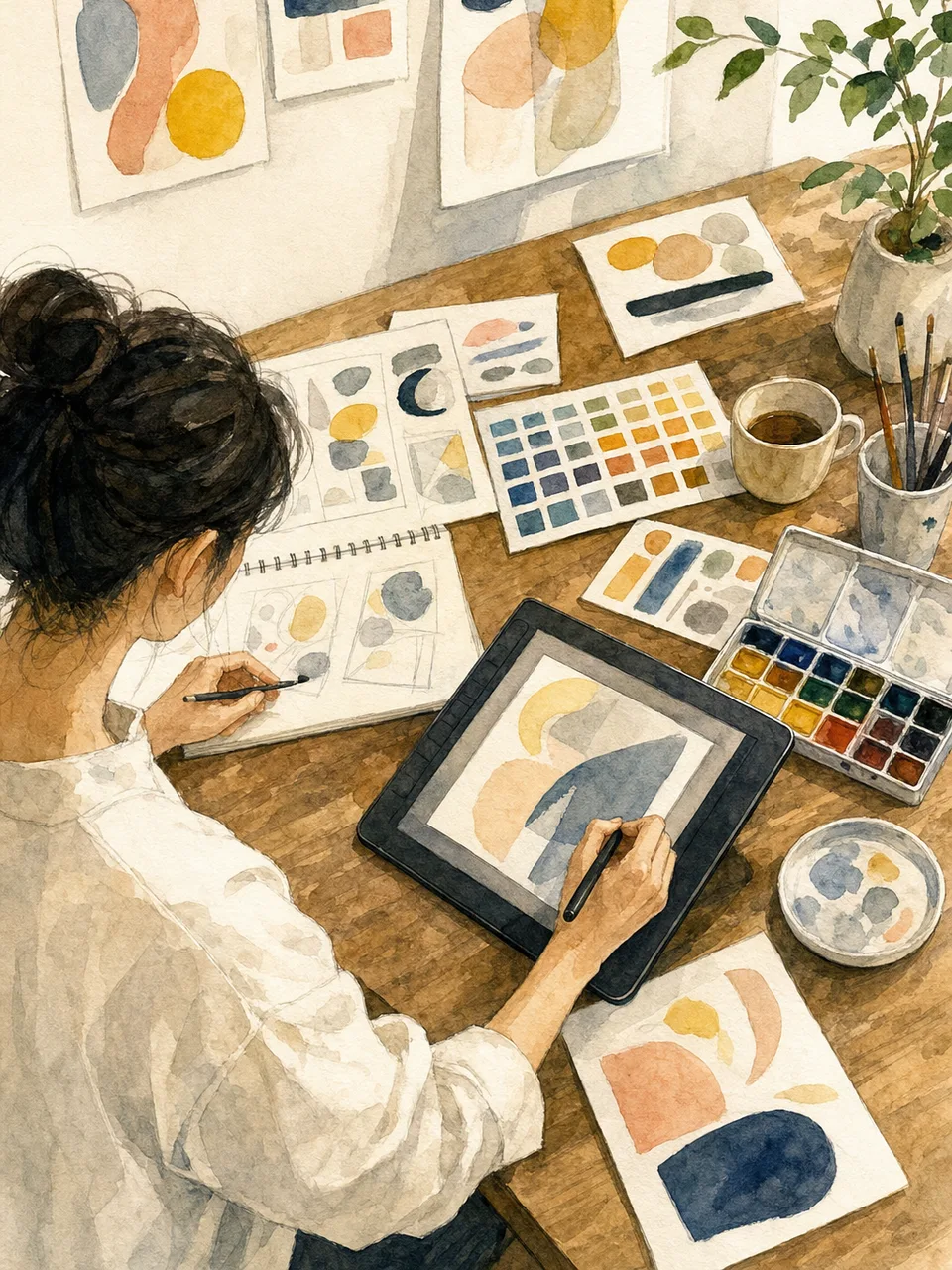 制作する日本人イラストレーター（手描き水彩）。イラストレーター、制作、デザイン、クリエイターの記事向け素材です。