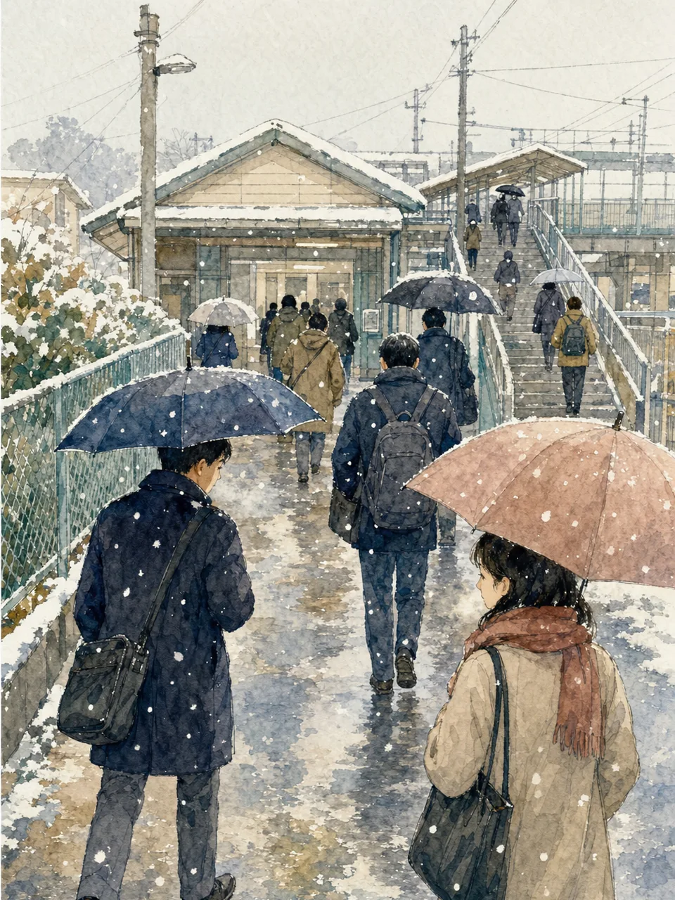 雪の日に通勤する日本人（手描き水彩）。冬の交通、働き方、天候対策の記事に使える、雪の日の通勤風景素材です。