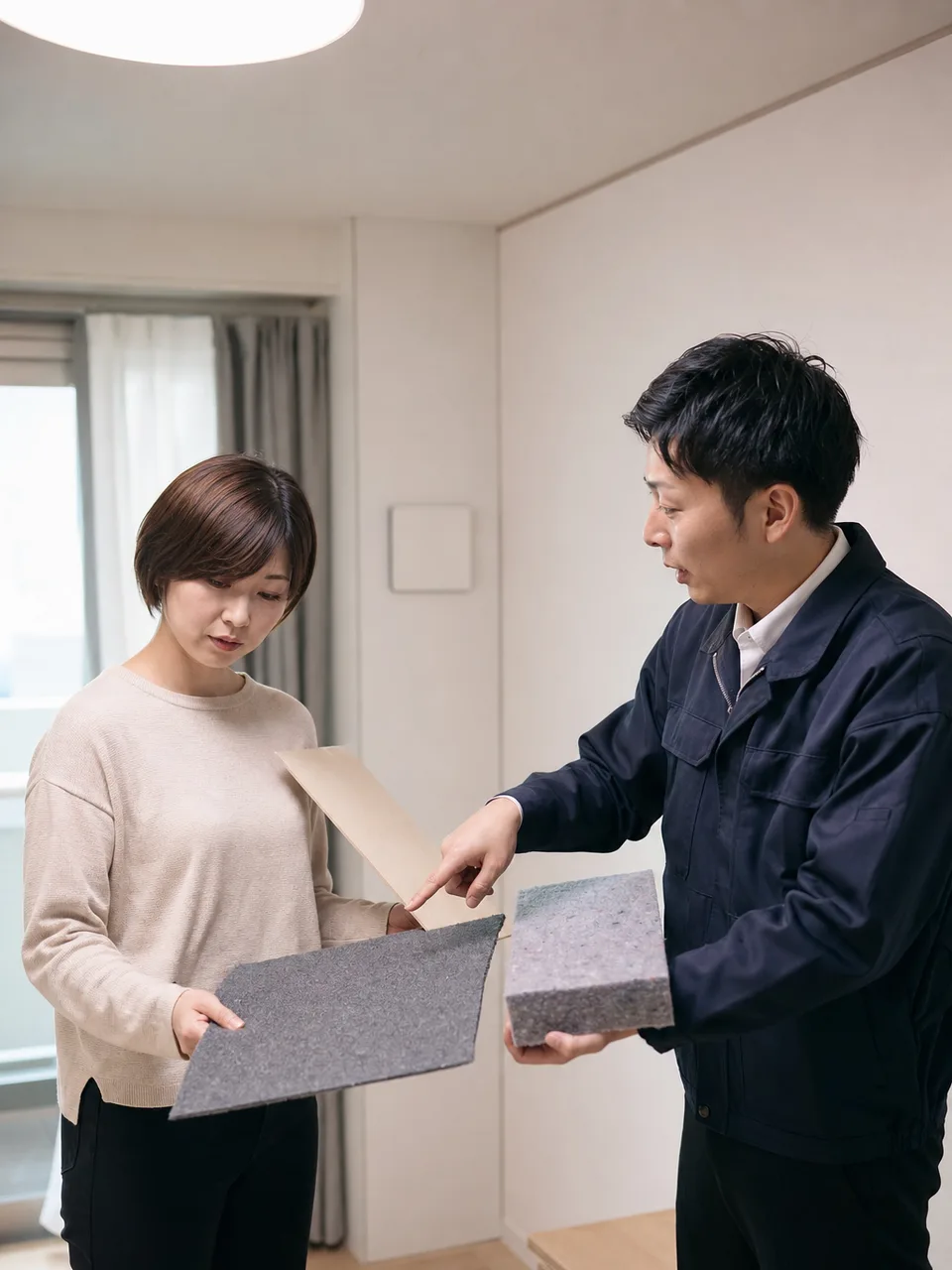 マンションの防音を相談する日本人（自然な縦位置写真）。マンション防音、生活音、住宅改善、集合住宅の記事向け素材です。
