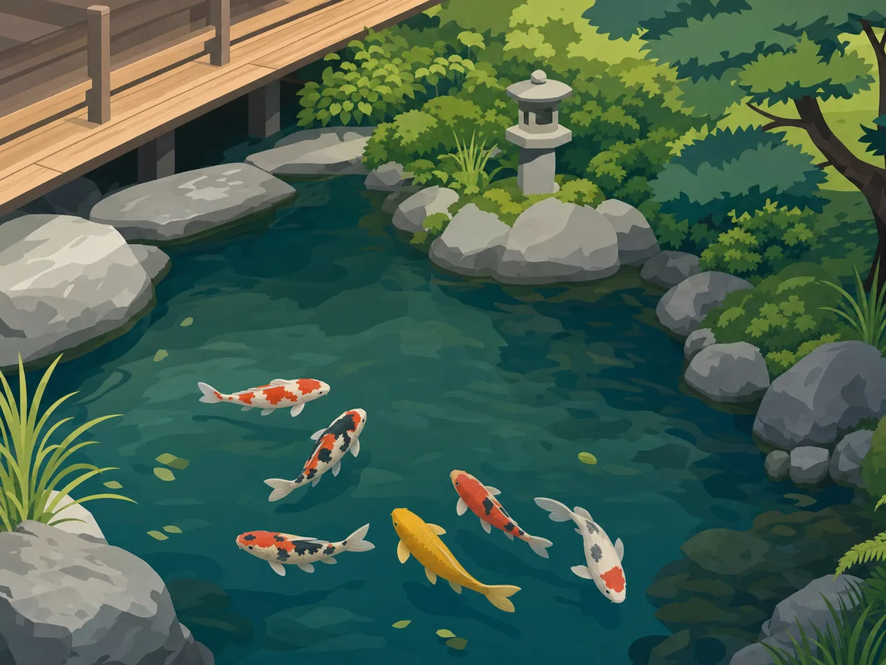 庭園の池で泳ぐ健康な錦鯉（フラットイラスト）。錦鯉、鯉、庭園池、観賞魚の記事や案内に使える商用素材です。